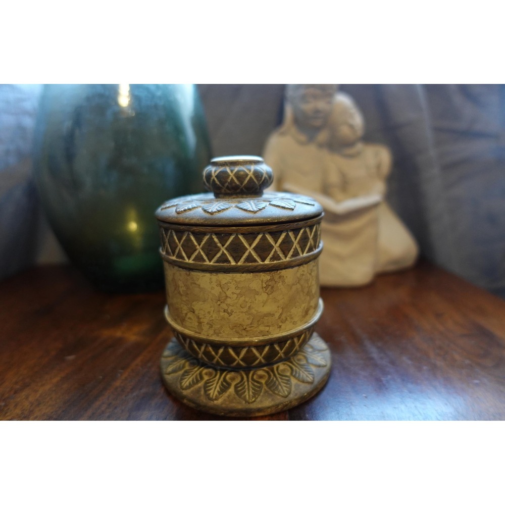 Vintage ceramic brown and cream color lidded canister with leaf design
